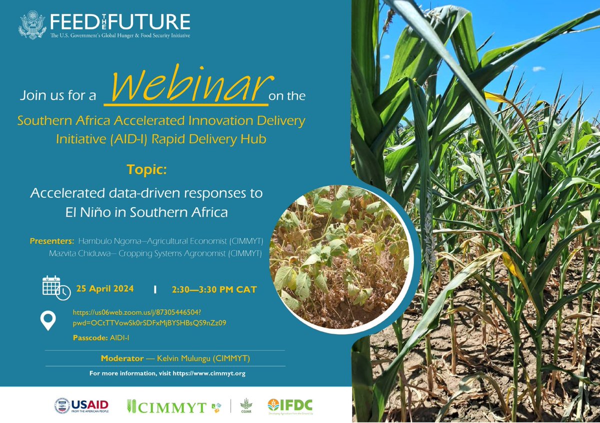 🌱🌽 Explore the Southern Africa Accelerated Innovation Delivery Initiative (AID-I) Rapid Delivery Hub on April 25th, 2:30 pm - 3:30 pm CAT. Learn how AID-I is revolutionizing agricultural innovation. Don't miss out! #FeedtheFuture #Innovation #Agriculture bit.ly/3ueEjEt