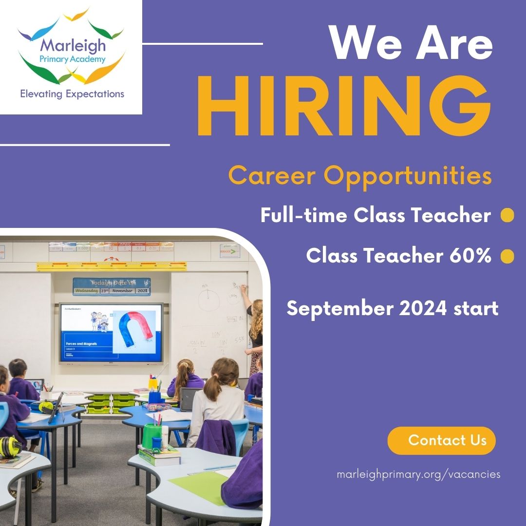 Marleigh Primary Academy (@marleighpa) on Twitter photo Looking for a new challenge?
If you are a passionate, hard working, enthusiastic teacher, then come and join our team. We welcome visits to our school, please email enquiries@marleighprimary.org to arrange one.
To apply please visit My New Term: mynewterm.com/school/Marleig… Looking for a new challenge?
If you are a passionate, hard working, enthusiastic teacher, then come and join our team. We welcome visits to our school, please email enquiries@marleighprimary.org to arrange one.
To apply please visit My New Term: mynewterm.com/school/Marleig…