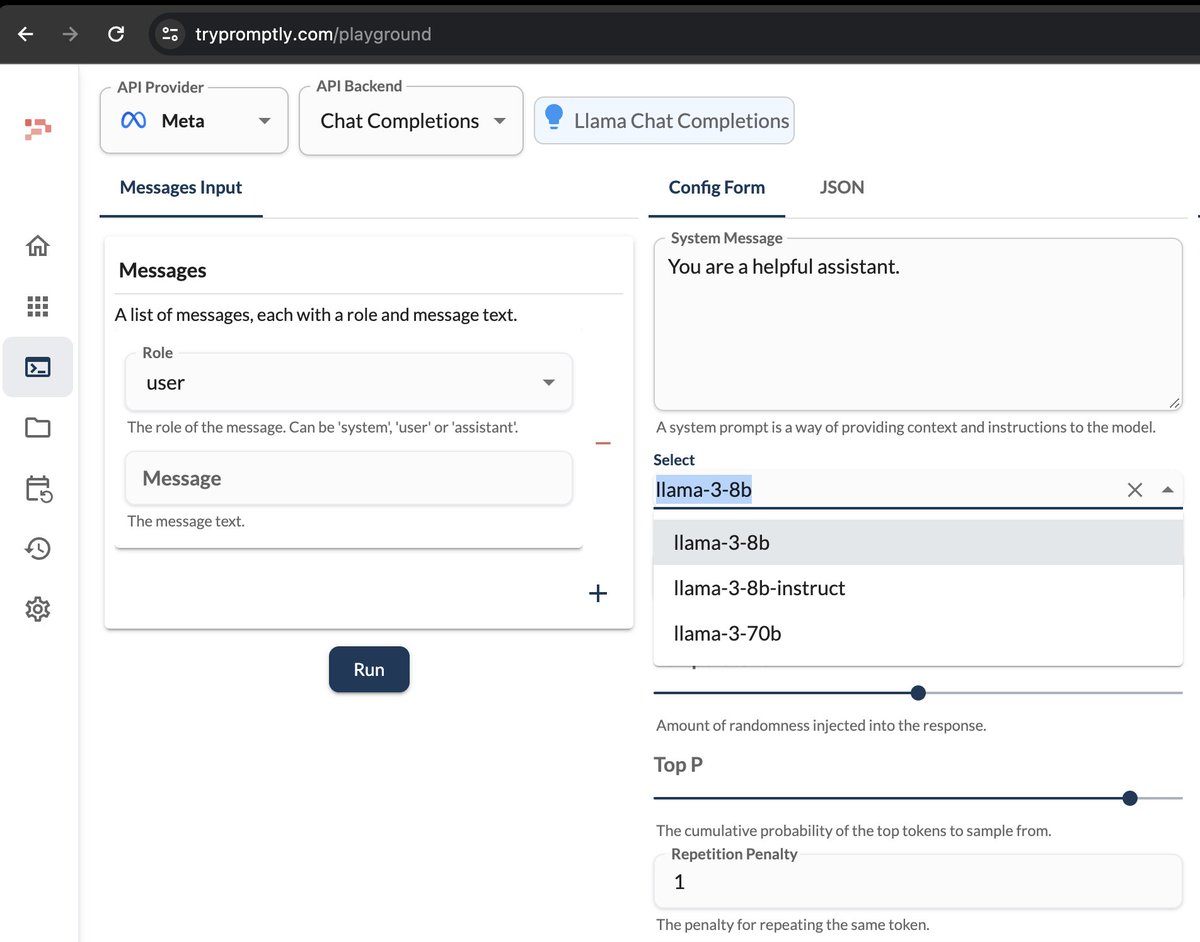 ajhai's tweet photo. @AIatMeta's Llama-3 models are now available on Promptly to build apps with 🚀

Check it out on Promptly Playground or build an app by selecting Meta as the provider https://t.co/qNKUSbla1R