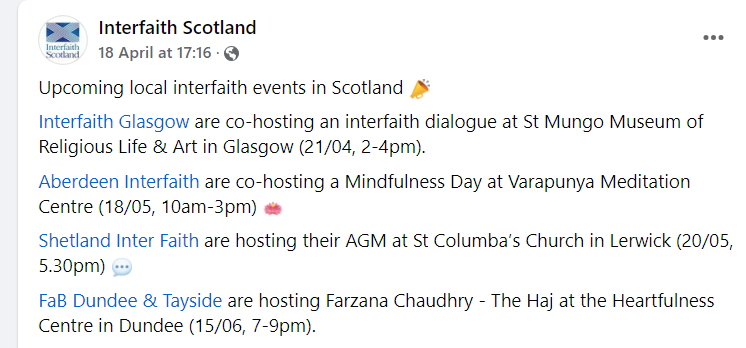 InterfaithAB's tweet photo. Interfaith events #Scotland
@InterfaithGlasg at #StMungo Museum Religious Life &amp; Art (21/04, 2-4pm).@Interfaithab Mindfulness Day at Varapunya Meditation Centre (18/05, 10am-3pm) 🪷
#Shetland AGM at St Columba’s Church in Lerwick (20/05, 5.30pm) DundeeTayside at (15/06, 7-9pm). https://t.co/NKiNNu7ybi