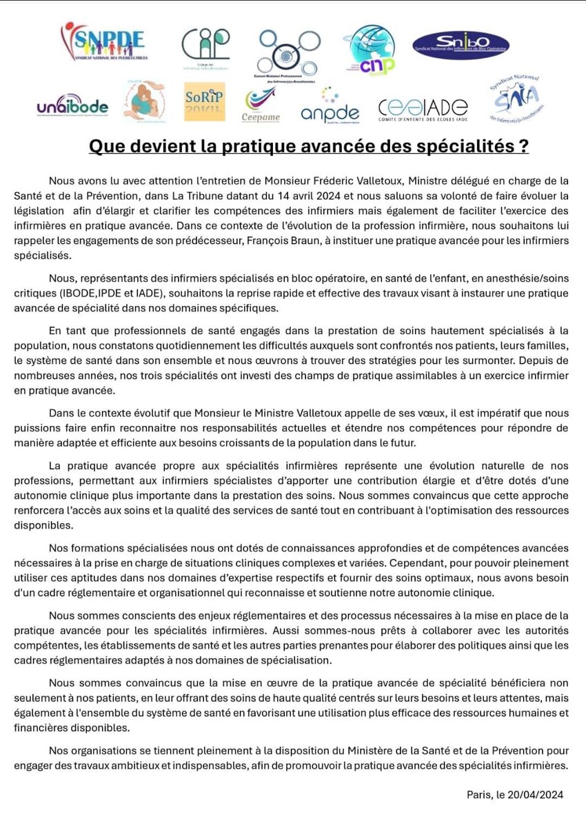 SNIA75's tweet image. 📣[Communiqué]
Les CNP #IADE #IBODE #IPDE et les organisations représentatives des infirmier(e)s de spécialités interpellent @fredvalletoux sur les engagements de #PratiqueAvancée et l’immobilisme ministériel qui menace nos professions.