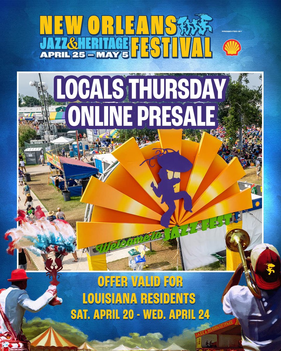 Opening Day is Locals Day--Thursday, April 25, when Jazz Fest tickets are only $50 for Louisiana residents (no fees, two-ticket limit). From tomorrow, April 20, through April 24, buy your Locals Day tickets online and skip the line at the gate. nojazzfest.com/tickets