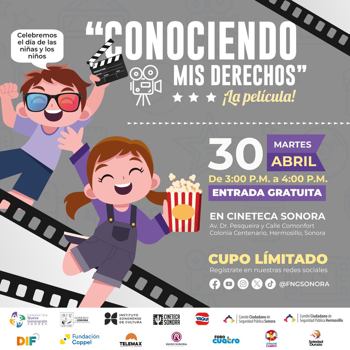 ¡Te invitamos a celebrar el #DíaDelNiño con el estreno de la película 'Conociendo mis Derechos! 🌟 Este 30 de abril a las 3:00 PM en 📍Cineteca, Sonora. ¡Totalmente gratis! Regístrate hoy para apartar lugar, cupo limitado 😊 ¡Te esperamos!