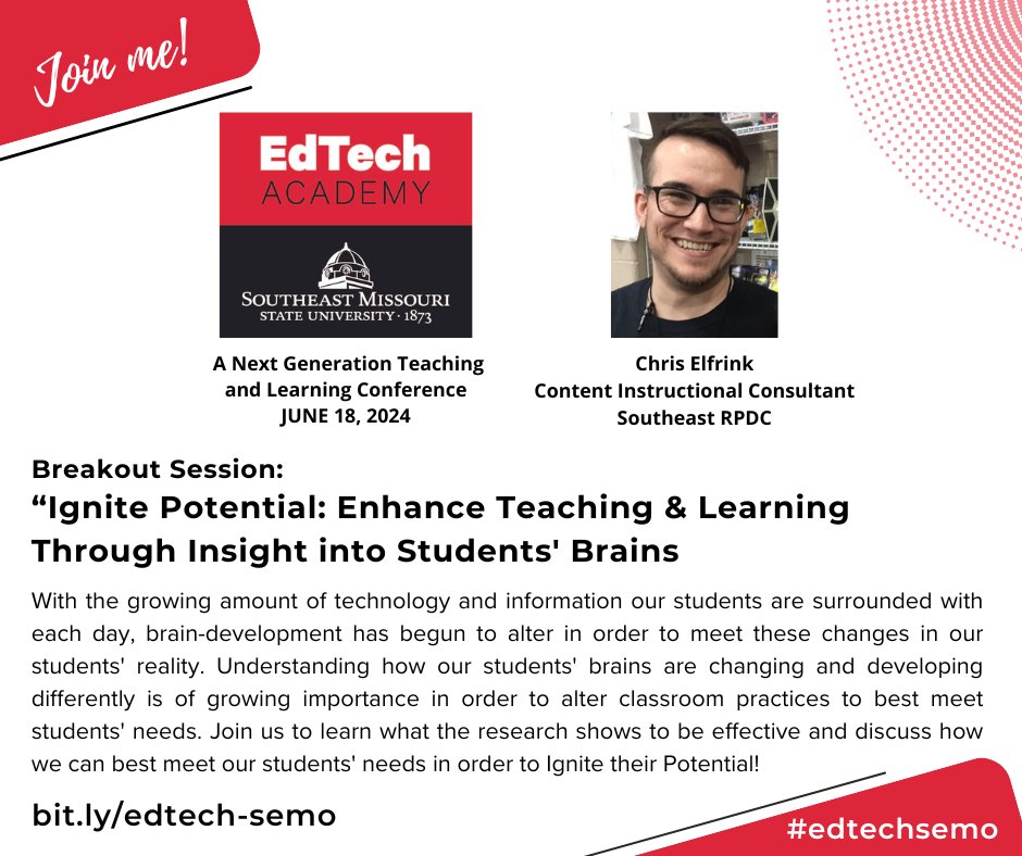 Join Chris Elfrink, Content Instructional Consultant, for 'Ignite Potential: Enhance Teaching & Learning Through Insight into Students' Brains' at #edtechsemo on June 18! bit.ly/edtech-semo