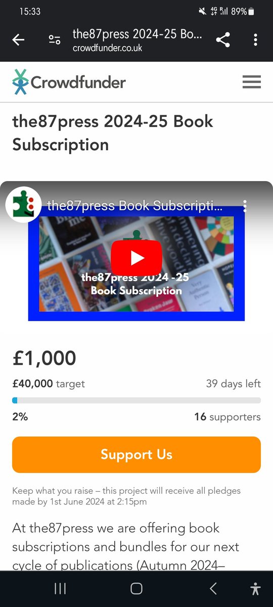 @the87press subscription scheme is blossoming! If 700 folks take up a £50 subscription we will be super close to our target. Money will be used to fund book production and live events and online journal! crowdfunder.co.uk/p/the87press-2…