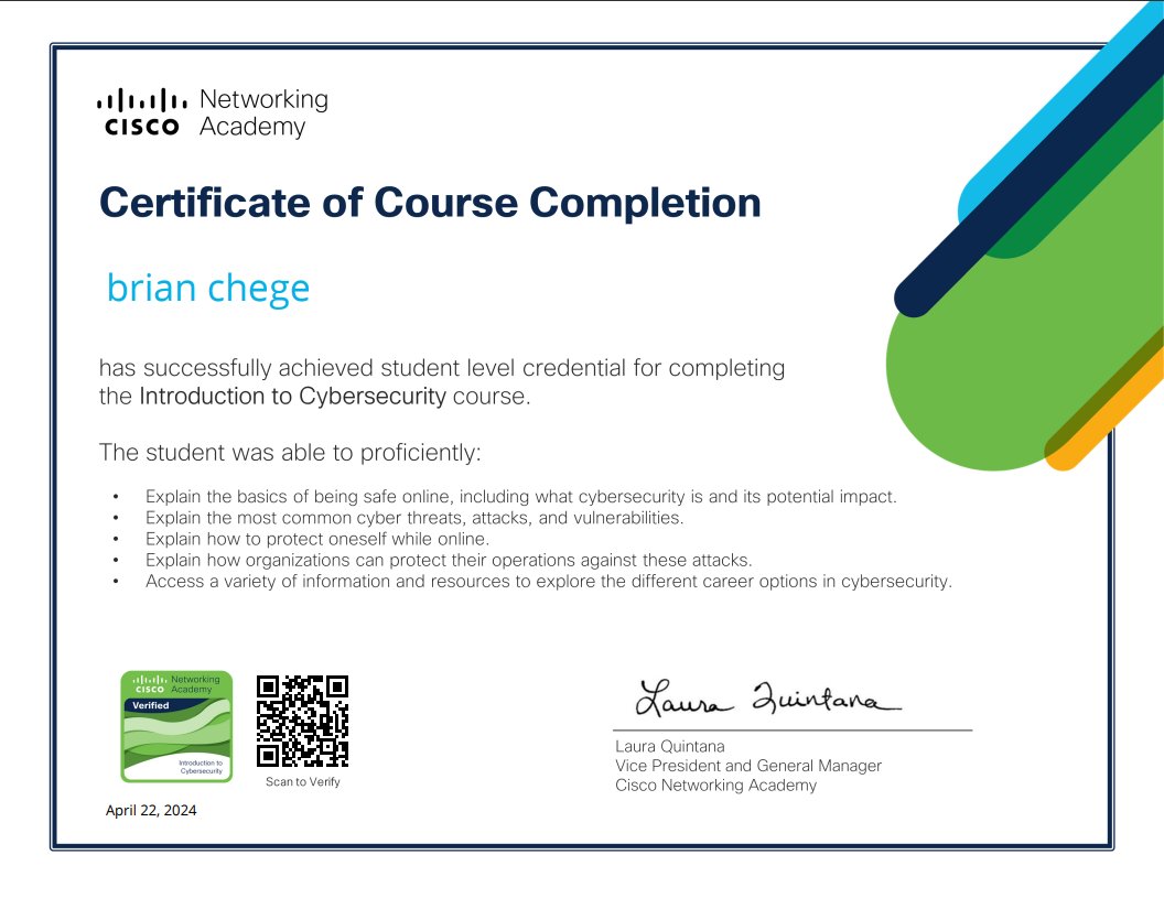 chegephil24's tweet photo. Thrilled to announce I've completed the Cisco Introduction to Cybersecurity course! 🎉💻 Excited to dive deeper into this vital field and enhance my digital defense skills. Thanks, Cisco, for the invaluable knowledge! #Cybersecurity #CiscoCertified https://t.co/brxqRCg7zV