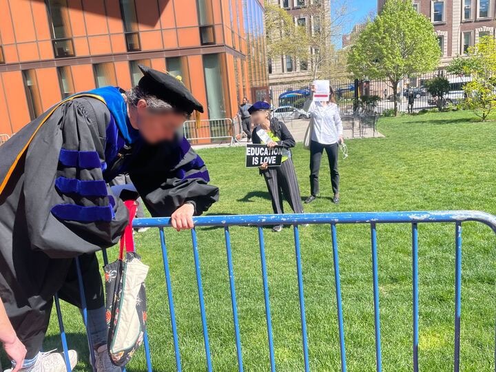 The group then moved towards Barnard's Futter Field, where faculty members began jumping over the barricade blocking people from entering the area. “Meme us, Tweet us, viral us,” one professor declared.