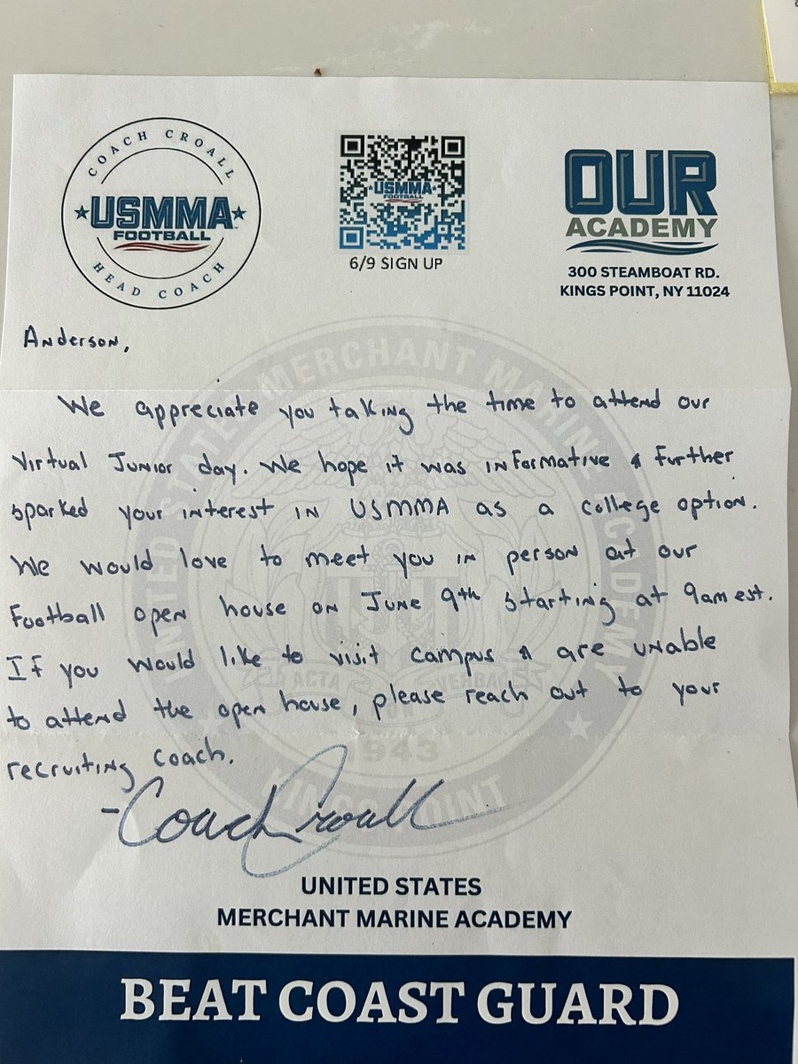 Thanks
 @CoachCroall 
@coachbartelFB 
@Scala39 
For inviting me to the @USMMAFootball Virtual Visit and for the letter.
@CoachBuchananm 
@CoachKevHarris 
@ryanjohnson573 
@realannapaulina 
@IRCSEagles