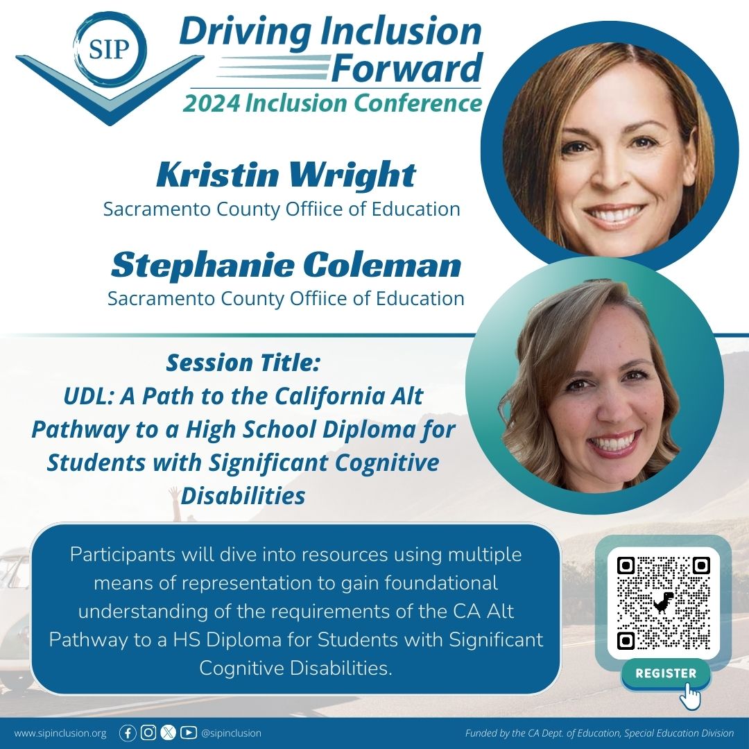 Q: 'Will information on the CA Alt Pathway to a Diploma be shared at the SIP Virtual Inclusion Conference?' A: YES! Kristin Wright/Stephanie Coleman will cover the topic May 9th at 10 AM! Agenda: sip2024.vfairs.com/en/#location Register: sip2024.vfairs.com/en/
