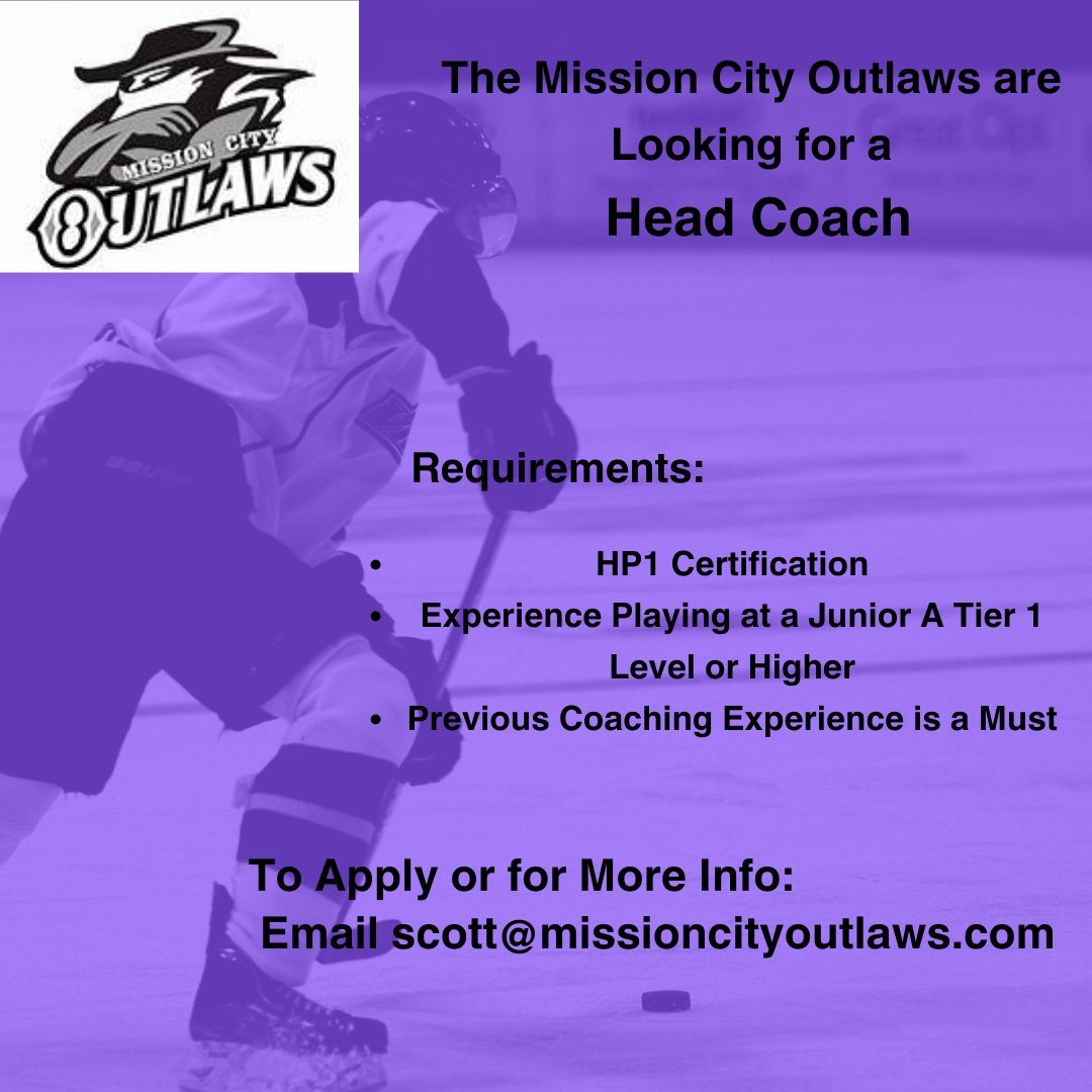 The Mission City Outlaws are currently accepting applications for the position of Head Coach. Must have HP1 Cert, experience playing at a Junior A Tier 1 level or higher & previous coaching experience is a MUST. Email scott@missioncityoutlaws to apply or for more info.