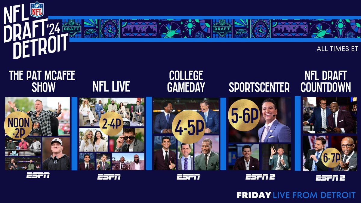 NFL Draft programming across ESPN Platforms🏈 Friday, 7 hours of ESPN studio programming live from Detroit leads into Rounds 2-3 of the 2024 #NFLDraft Details: bit.ly/43ZmHde