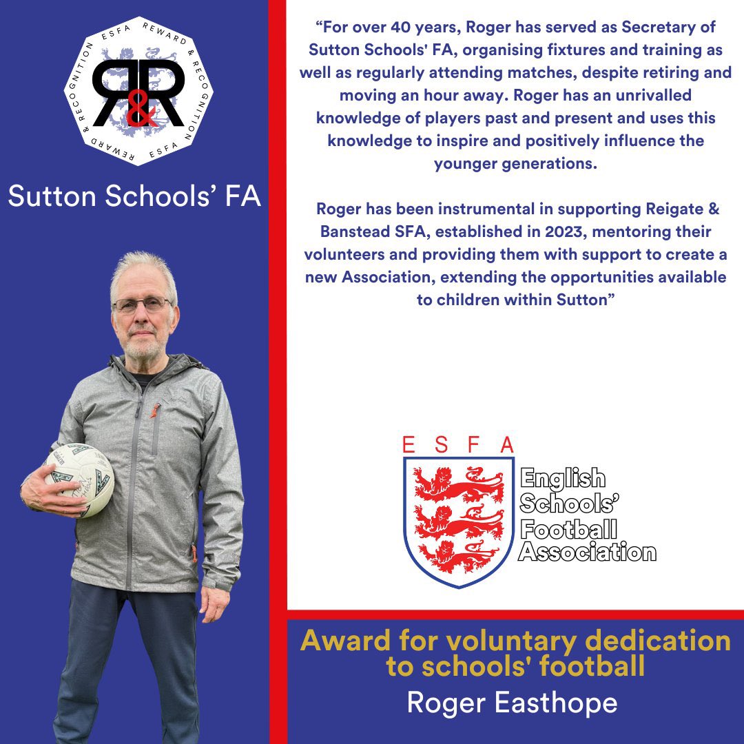 🏆 ESFA Reward &amp; Recognition Awards

Congratulations to Roger Easthope on his nomination for an award in the category: Voluntary dedication to schools’ football.

He has given 40+ years of voluntary service to Sutton Schools FA

Please vote for Roger👇

🗳️ loom.ly/LaxHMX8