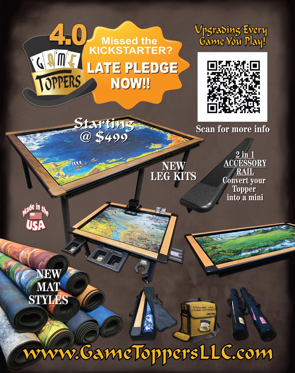Time is running out on our Late Pledge savings on Game Toppers LLC. packages and mat bundles. Over 40 stretch Goal items to take advantage of. Save $$$$ now! …young-sherlock-and-more.backerkit.com/hosted_preorde…

All instock items ship within 1 week of order! We will be closing down the April 30th.