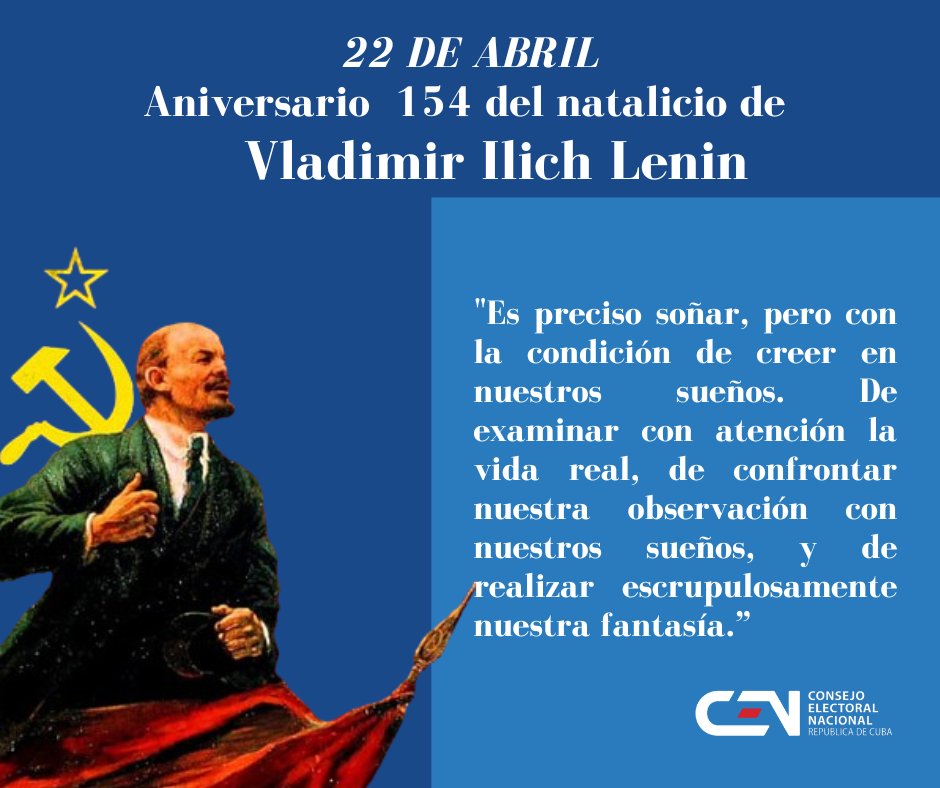 🗓  #22deAbril de 1870: Nace Vladimir Ilich Lenin, uno de los grandes pensadores del proceso revolucionario universal y principal líder de la antigua Unión de Repúblicas Socialistas Soviéticas (URSS), primer Estado de obreros y campesinos.
#TenemosMemoria 🇨🇺 🇷🇺