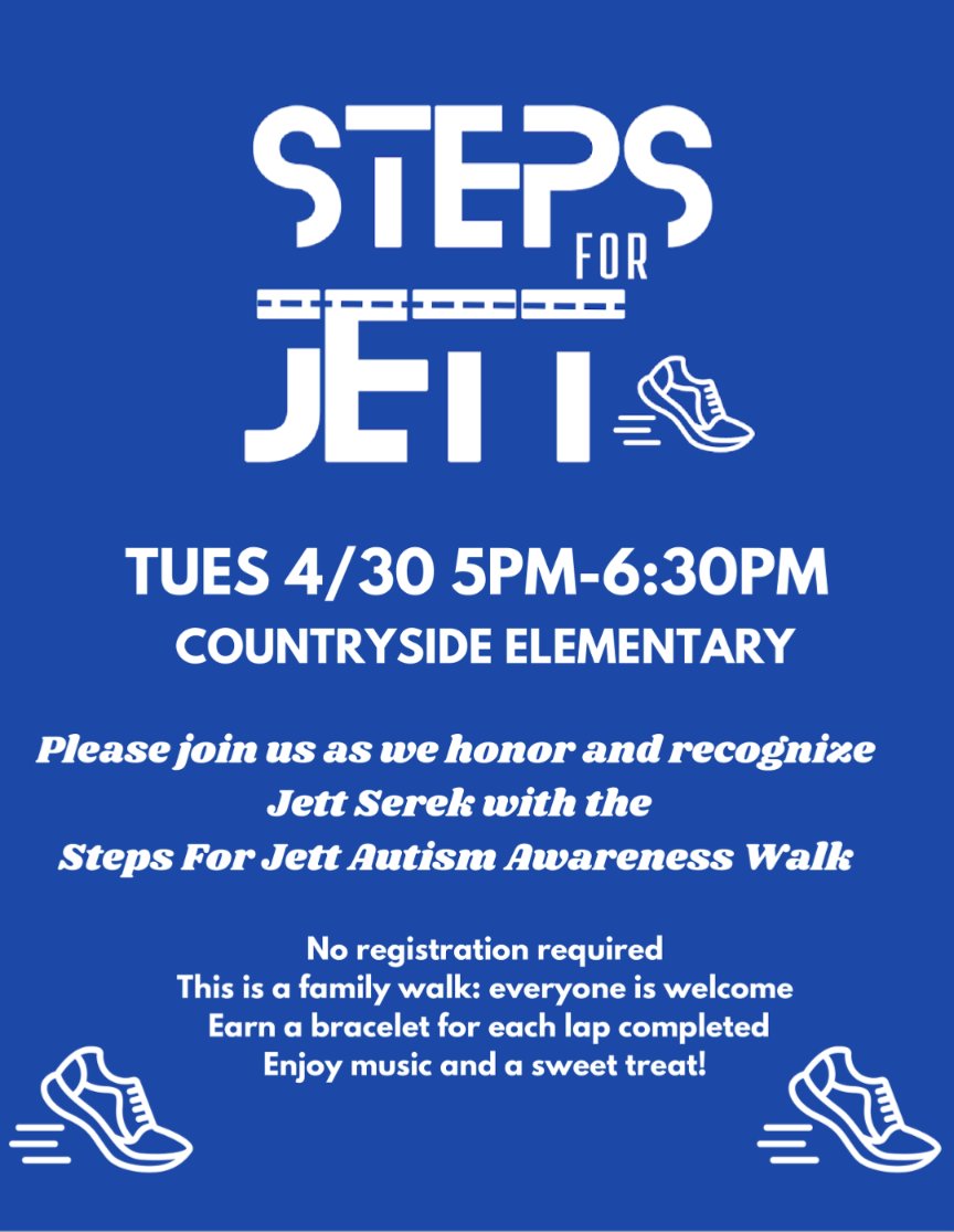 Countryside Elementary is hosting a walk in honor of Jett Serek, who passed away earlier this year. Jett previously attended the ELC and we wanted to share this information with our ELC community. Details below.