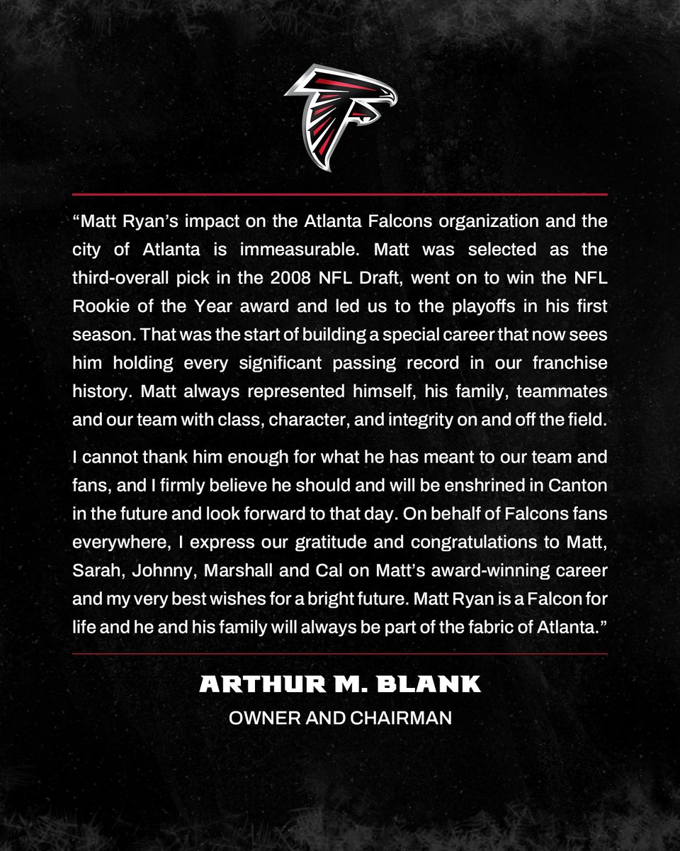 A statement from Arthur M. Blank on the retirement of Matt Ryan