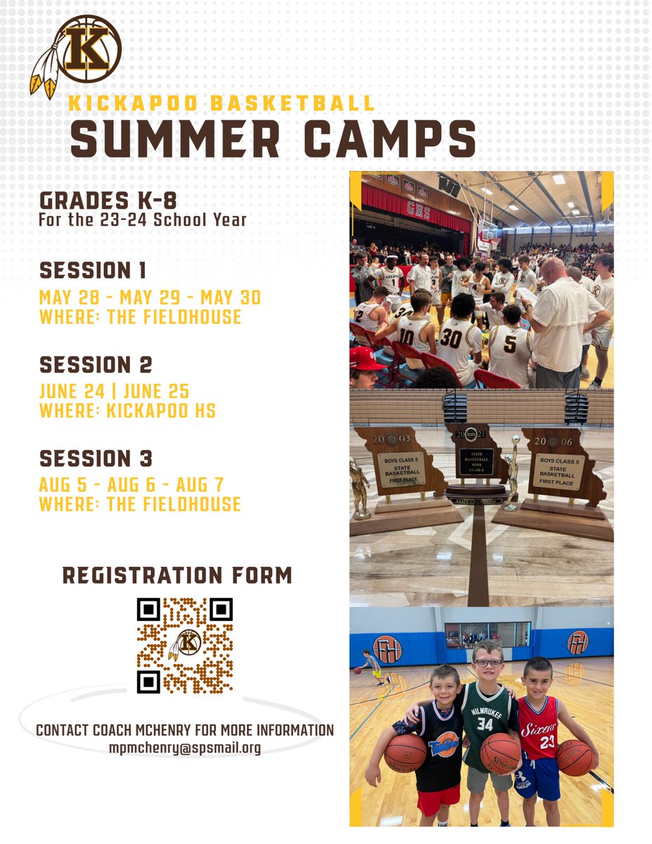 2024 KICKAPOO BASKETBALL CAMPS!!
We are excited for another summer of youth camps full of fundamentals, games, competition, and fun!! 
forms.gle/Gq8w7Kw93EoEiY…
#GoChiefs
