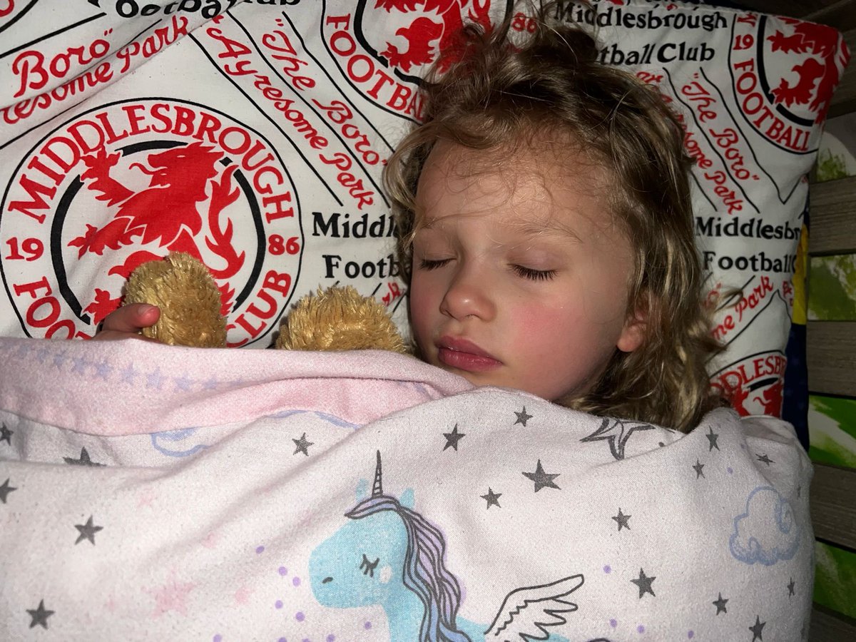 Granddaughter with an old-school pillow case dreaming of a Boro win tonight. #borolive #UTB