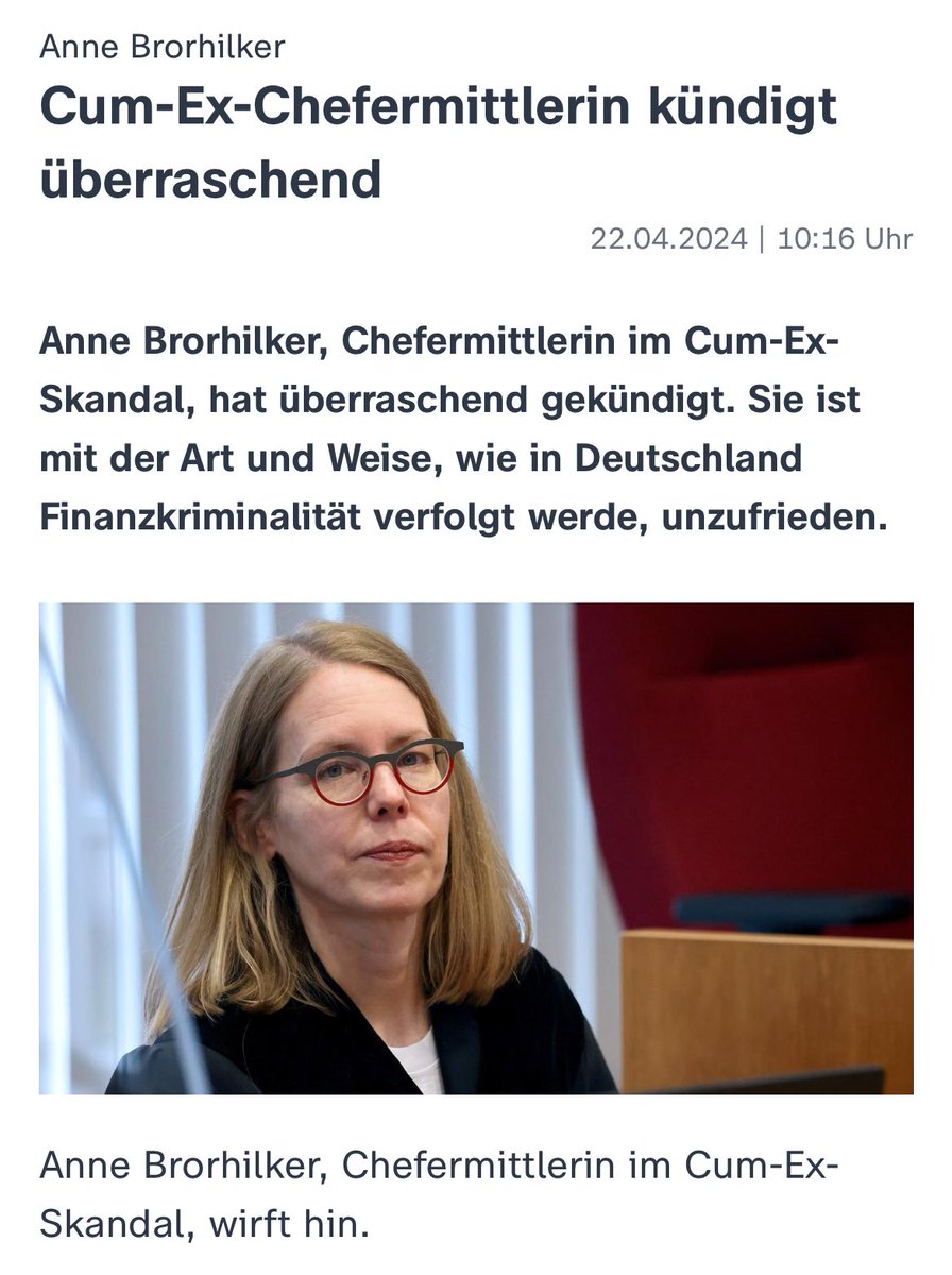 Almanya:

Cum-ex skandalının (bankalar ve iş insanları 50 milyar Euro çaldı) baş soruşturmacısı ve savcısı Anne Brorhilker istifa etti. Kendisi Almanya'da mali suçların kovuşturulma şeklinden memnun olmadığını açıkladı. İşin içinde Şansöyle Olaf Scholz da var. Hesap veren yok!