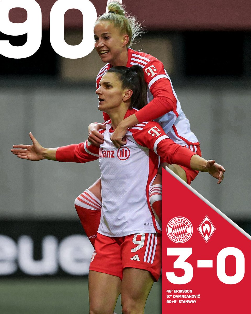 FIM DE JOGOOOOOOO! 🔥 Bayern Frauen 2x0 Werder Bremen 🇸🇪 Eriksson (Bühl) 🇷🇸 Damnjanović 🏴󠁧󠁢󠁥󠁮󠁧󠁿 Stanway (pênalti) As Bávaras seguem invictas e estão apenas a uma vitória do hexa e do bi consecutivo da Bundesliga! A próxima partida será no dia 4, contra o Leverkusen 🔴⚪