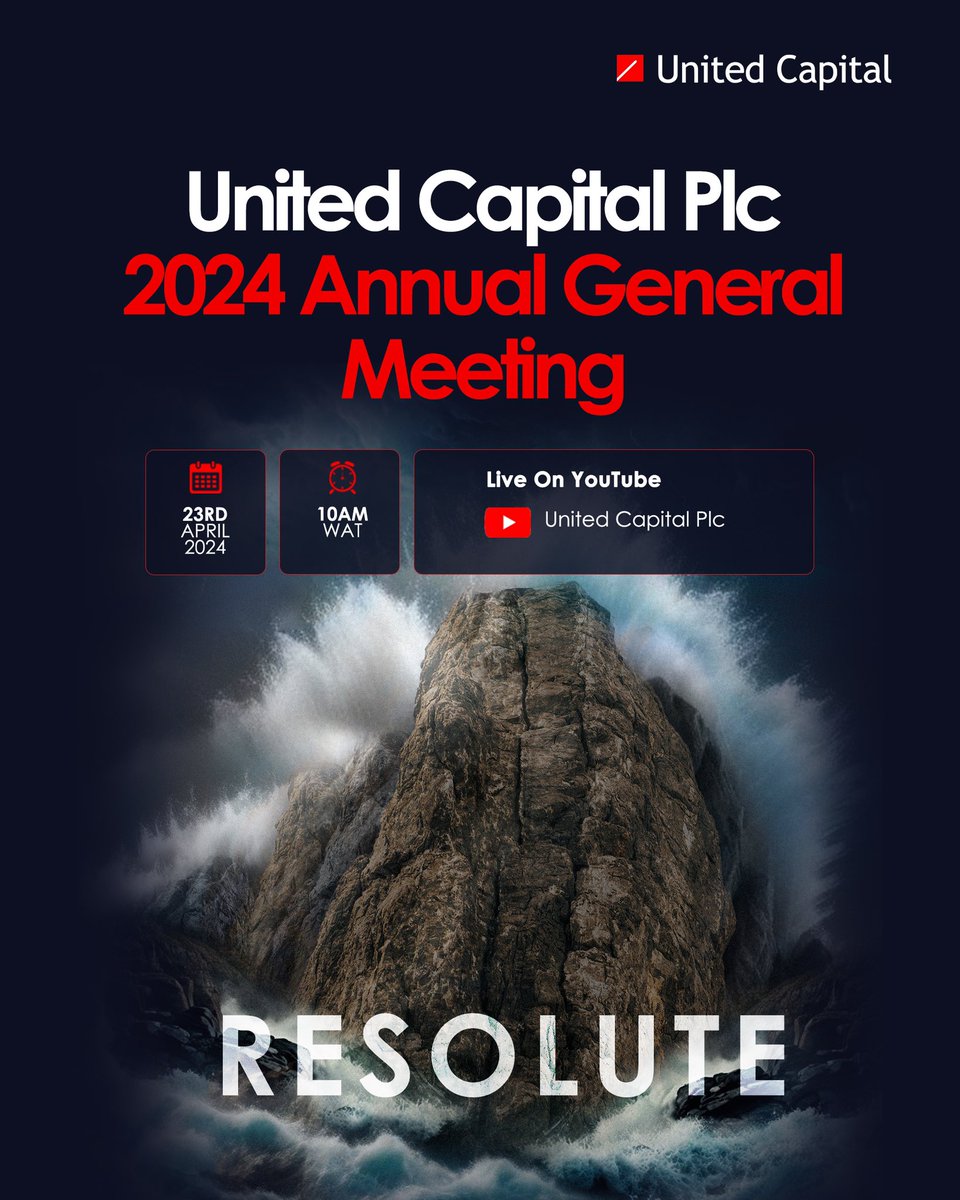 You are cordially invited to our 11th Annual General Meeting which will be taking place Tomorrow at 10:00 AM.

Visit our YouTube channel or click the link: youtube.com/live/U-MHaP4Qo…  to join the livestream.

#UnitedCapital #Investment #AGM