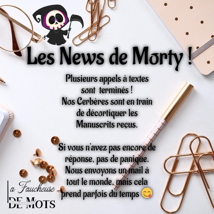 FaucheuseDe's tweet photo. #Manuscrit
Salutations les âmes !
Vous le savez, trier les manuscrits reçus lors des appels à textes, c'est long. Nous ferons un post explicatif ! Simplement, nous tenions à vous dire que nous ne vous avons pas oubliés !
Chacun d’entre vous recevra un mail de notre part ! https://t.co/TTmx6CbQtE