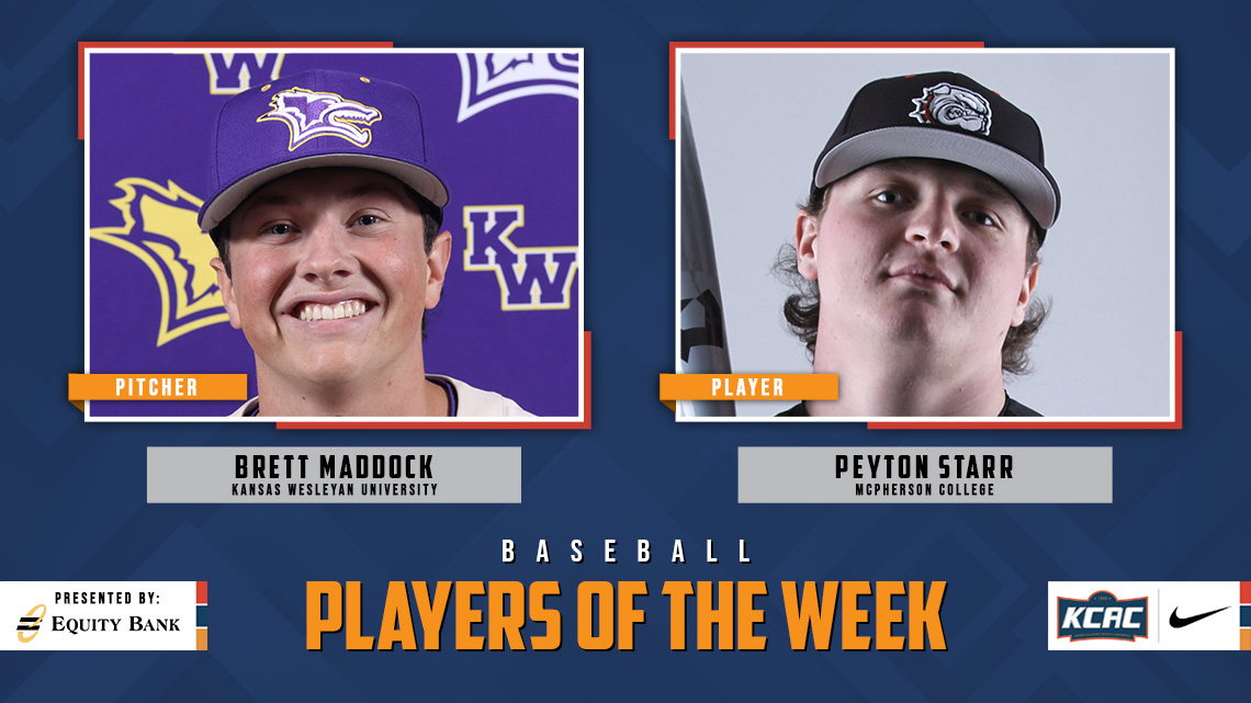 kcacsports's tweet photo. Brett Maddock of @kwucoyotes and Peyton Starr of @MAC_Bulldogs Earn KCAC Baseball Weekly Honors, presented by @EQUITYBANK! #KCACbsb #LetsBuildEquity #LetsBuildLeaders

https://t.co/WAVPtNKSyW

@NAIA @NAIABall https://t.co/IlAkye1tNf