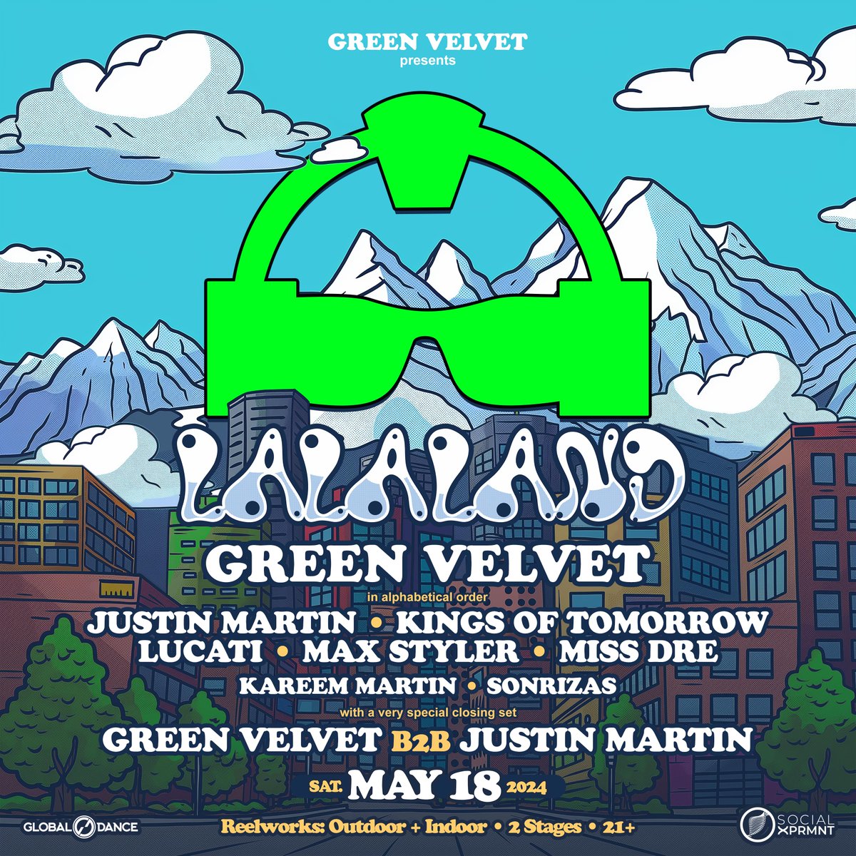 🚨 SUPPORT ANNOUNCED 🚨 Enter the doors of LALALAND with @GreenVelvet_ bringing out @justinmartin Kings of Tomorrow @lucatimusic @maxstylermusic Miss Dre, a special closing set by Green Velvet and Justin Martin and more on May 18th at Reelworks 💚 Buy your tickets now ⏩
