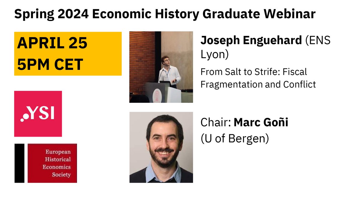 🔔Next Thursday at 5pm CET it's time for another EHES-YSI #econhist discussion with @EnguehardJoseph (@ENSdeLyon): 'From Salt to Strife: Fiscal Fragmentation and Conflict' We are happy to welcome Marc Goñi (@UiB) to chair the event ! See you online🚀
