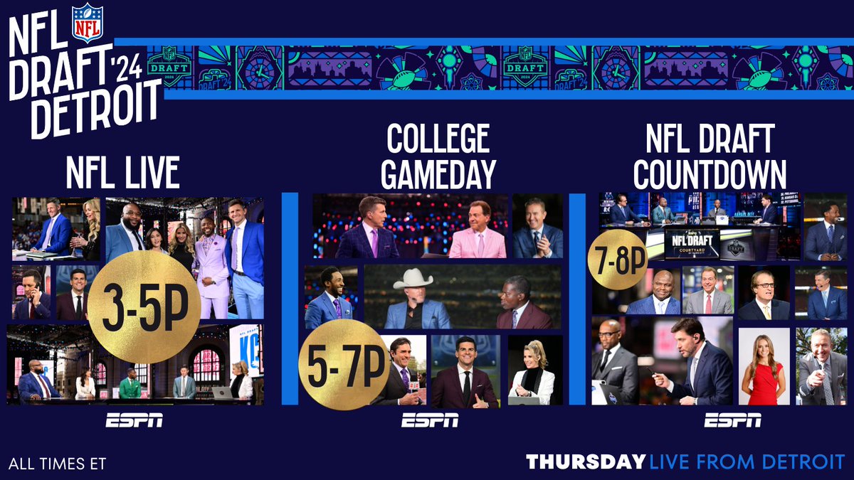 NFL Draft programming across ESPN platforms🏈 Thursday, NFL Live kicks off coverage from Detroit leading into Day 1 of the 2024 #NFLDraft Details: bit.ly/43ZmHde