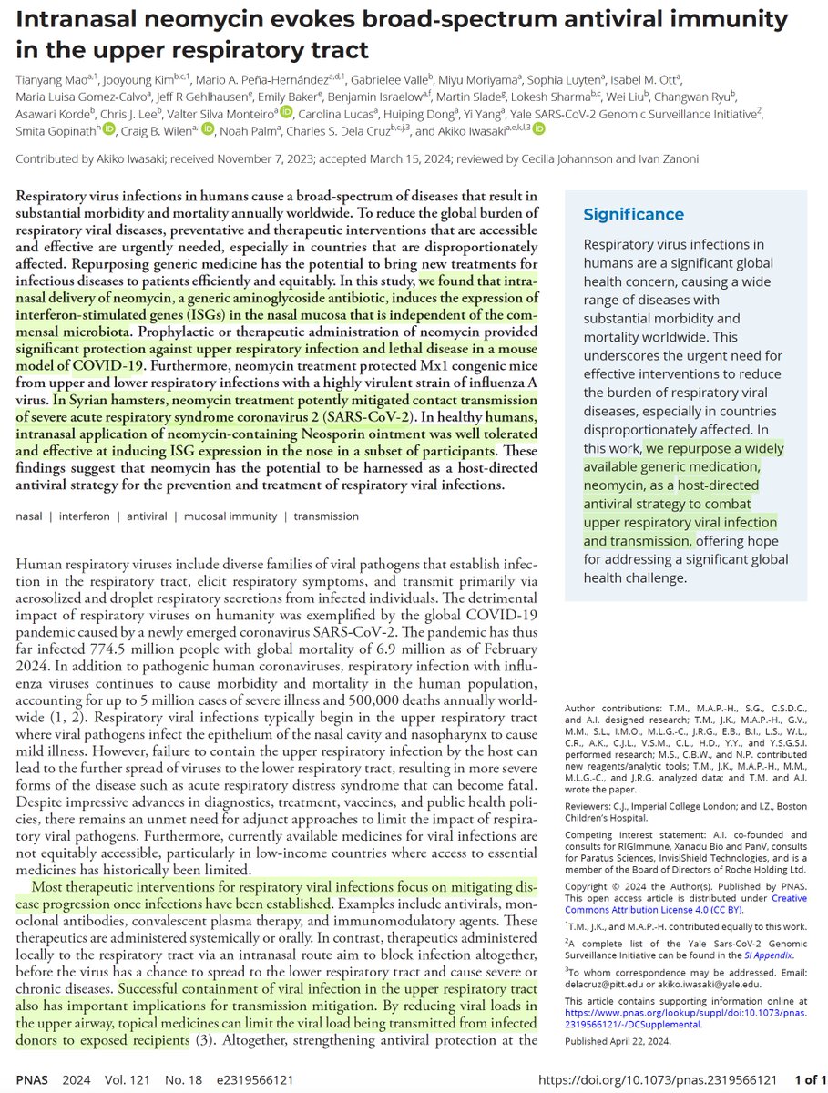 EricTopol's tweet photo. Repurposed: Intranasal administration of neomycin, an antibiotic, led to protection in mouse and hamster models vs Covid, and (neosporin) raised interferon expression in humans
https://t.co/s73T4qPjyT
@PNASNews @VirusesImmunity @tianyangmao @YaleIBIO https://t.co/r2NkrKAKsm