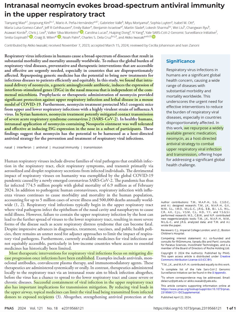 Repurposed: Intranasal administration of neomycin, an antibiotic, led to protection in mouse and hamster models vs Covid, and (neosporin) raised interferon expression in humans pnas.org/doi/10.1073/pn… @PNASNews @VirusesImmunity @tianyangmao @YaleIBIO