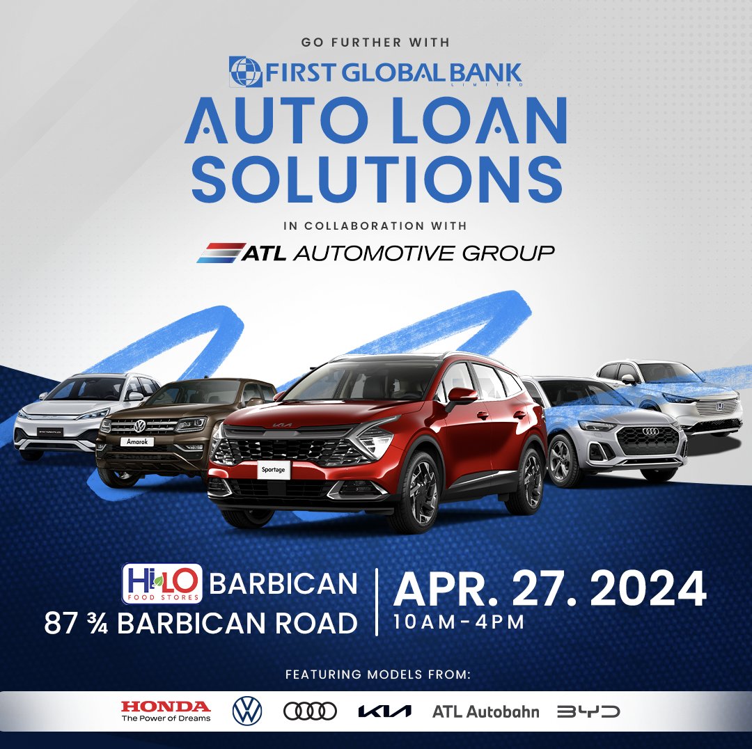 First Global Bank & ATL Automotive are bringing the ultimate auto show to Hilo in Barbican! 🚙🚘

If you're looking to upgrade or get your very first ride, then don’t miss it! Tell a friend to tell and friend and see you there! 💨
#GoFurther #FirstGlobalBank #AutoLoans #ATLAuto