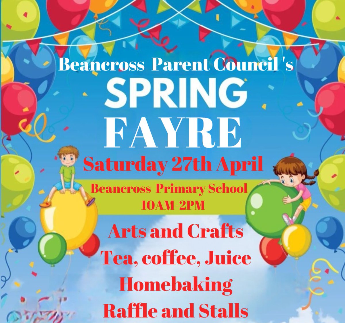 kelly_freck's tweet photo. @beanxnursery Who's free this Saturday? Head over to Beancross Primary school for their first spring fayre organised by the parent council!

Raffle prize donations can be handed into Beancross Primary school or nursery. https://t.co/jM8QDbQBib