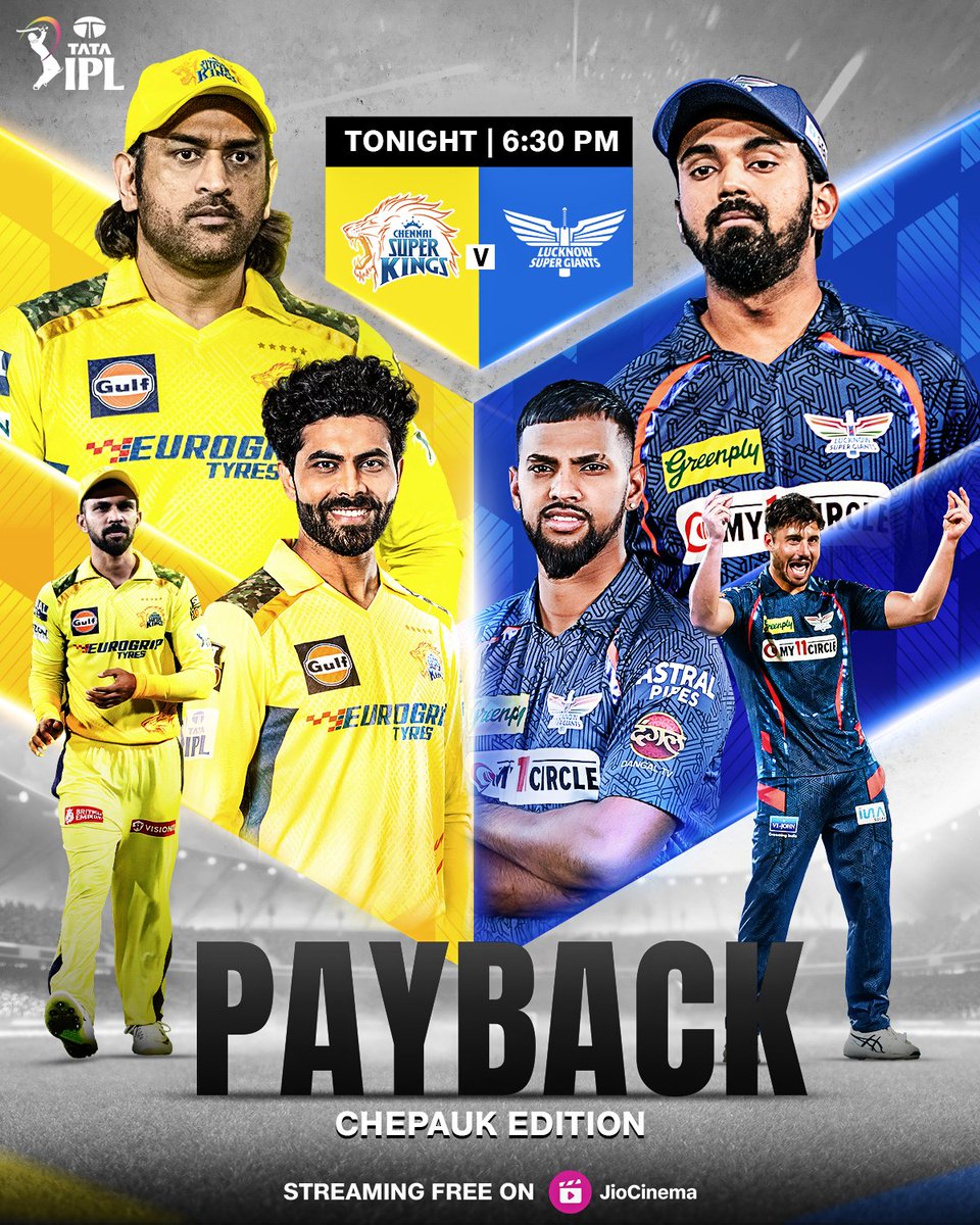 Revenge on the cards for #CSK at Chepauk 🏟🦁

Catch LIVE action tonight from 6.30 PM with #IPLonJioCinema 🎬

#CSKvLSG #TATAIPL