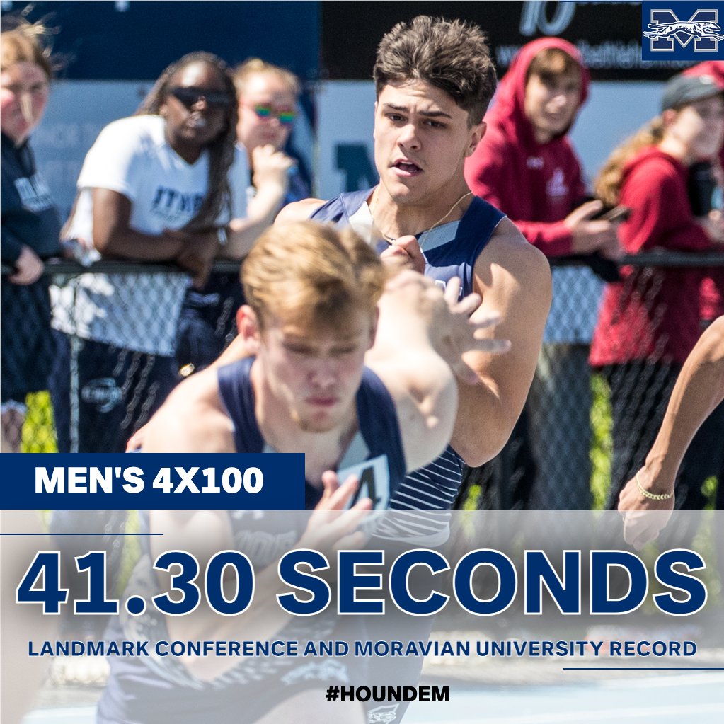 MUGreyhounds's tweet photo. ICYMI: Moravian's 4x100-meter relay of Trevor Gray, Owen Sabastro, Jacob Fenstermaker, and Javon McKay won in an AARTFC qualifying, school record and @LandmarkConf record time of 41.30 seconds in Saturday's Coach P Invitational. #HoundEm @moravianxctf https://t.co/8BSK9mPgSK