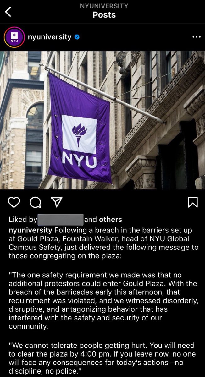 New post from NYU calling for the Gaza Solidarity Encampment to clear by 4pm following what they claim was “disorderly, disruptive, and antagonizing behavior.” It states if students leave by 4 “no one will face any consequences for today’s actions — no discipline, no police.”