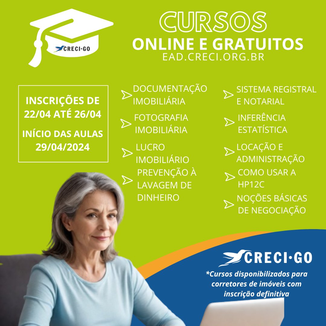 Confira os cursos com inscrições abertas essa semana:

Inscrições até 26/04/2024

Início das aulas 29/04/2024

#CreciGoiás #CursosOnline #Capacitacao #Conhecimento #CRECIGO