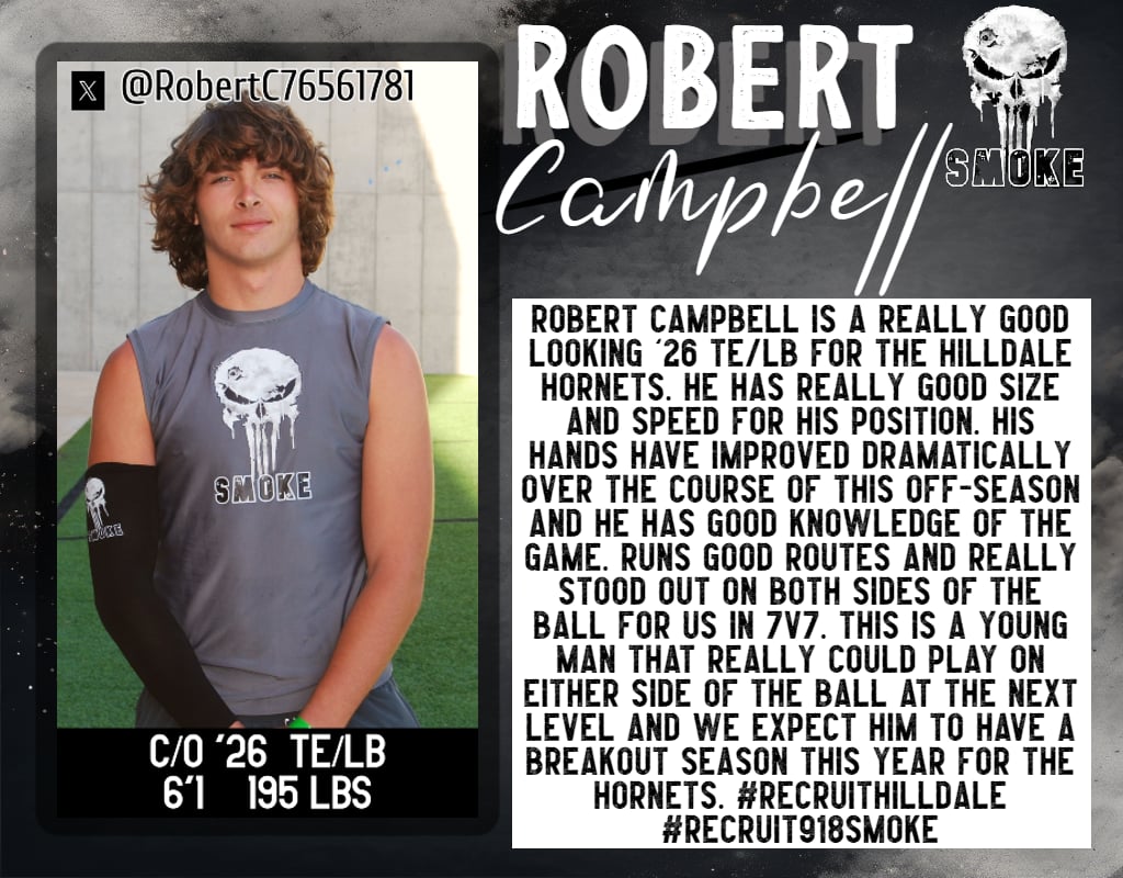 918 Smoke 7v7 (@918smoke7v7) on Twitter photo πLet's go <a href="/RobertC76561781/">Robert Campbell IV</a>! Super proud of you & the season you had this year! You were a force to be reckoned with on both sides of the ball all season. Looking forward to watching your progression this Fall for <a href="/HornetTouchdown/">Hilldale Football</a>. #Recruit918Smoke #RecruitHilldale π¨π¨π¨π¨ πLet's go <a href="/RobertC76561781/">Robert Campbell IV</a>! Super proud of you & the season you had this year! You were a force to be reckoned with on both sides of the ball all season. Looking forward to watching your progression this Fall for <a href="/HornetTouchdown/">Hilldale Football</a>. #Recruit918Smoke #RecruitHilldale π¨π¨π¨π¨