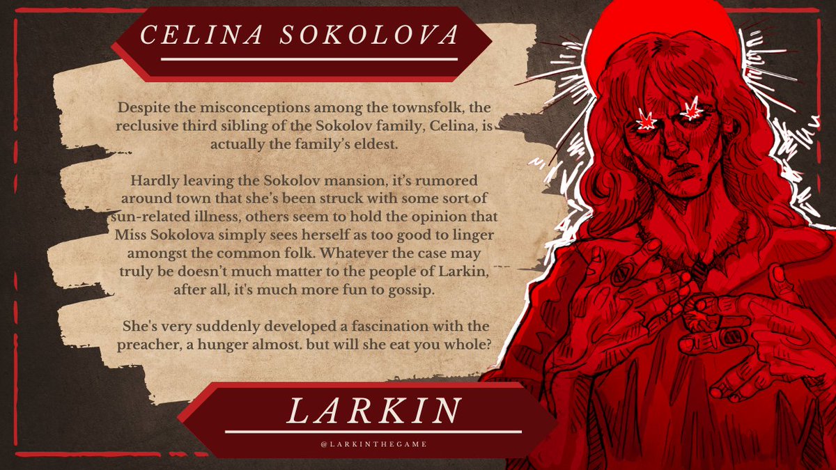 Engage in an exclusively sapphic romance with the town's resident heiress, Celina Sokolova in #larkinthegame! Episode One out June 14th!

#indiegame #textbasedrpg #vampires #romancegames #gamedev #romancegame #romancenovels #indieauthor #sapphicromance
#sapphicgame #wlwromance