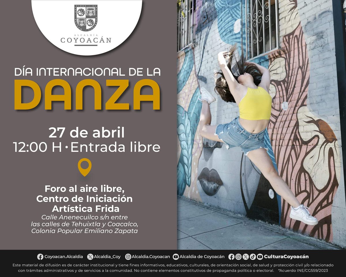 Festeja el #DíaInternacionaldelaDanza en #TuCasaDeCultura
🕺💃 En la colonia Emiliano Zapata, conoce a los alumnos y profesores de los talleres de danza de el Centro de Iniciación Artística Frida. 

📍 Centro de Iniciación Artística Frida 
🗓️ 27 de abril
🕚 12:00
🎟️ #EntradaLibre