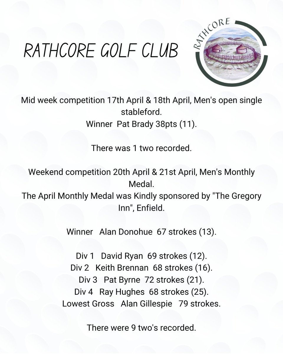 Mid week competition 17th April & 18th April, Men's open single stableford. @golfirelandofficial @rathcoregolf #golf #golflife #golfswing #golfaddict #greenkeeper #ireland #golfclub #GolfEveryday #GolfLove #GolfPro #GolfFitness #GolfTravel #GolfTips #GolfWeather