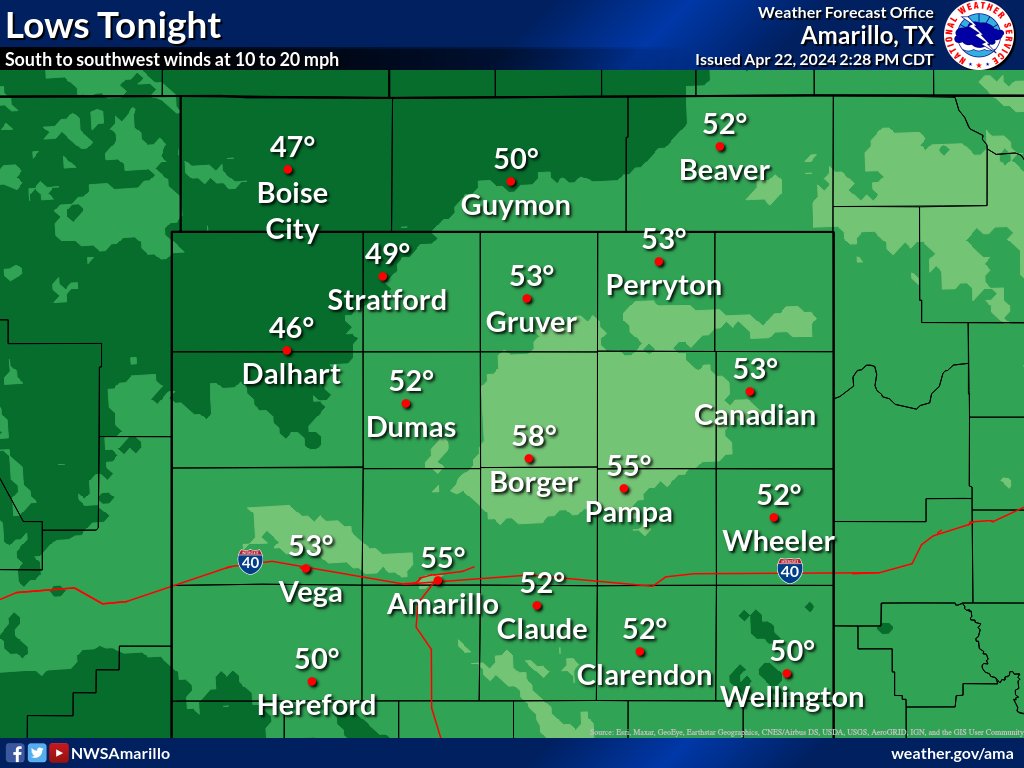 Lows tonight will be quite a bit warmer compared to previous nights. Winds will be south to southwest at 10 to 20 mph.

#txwx #okwx #phwx