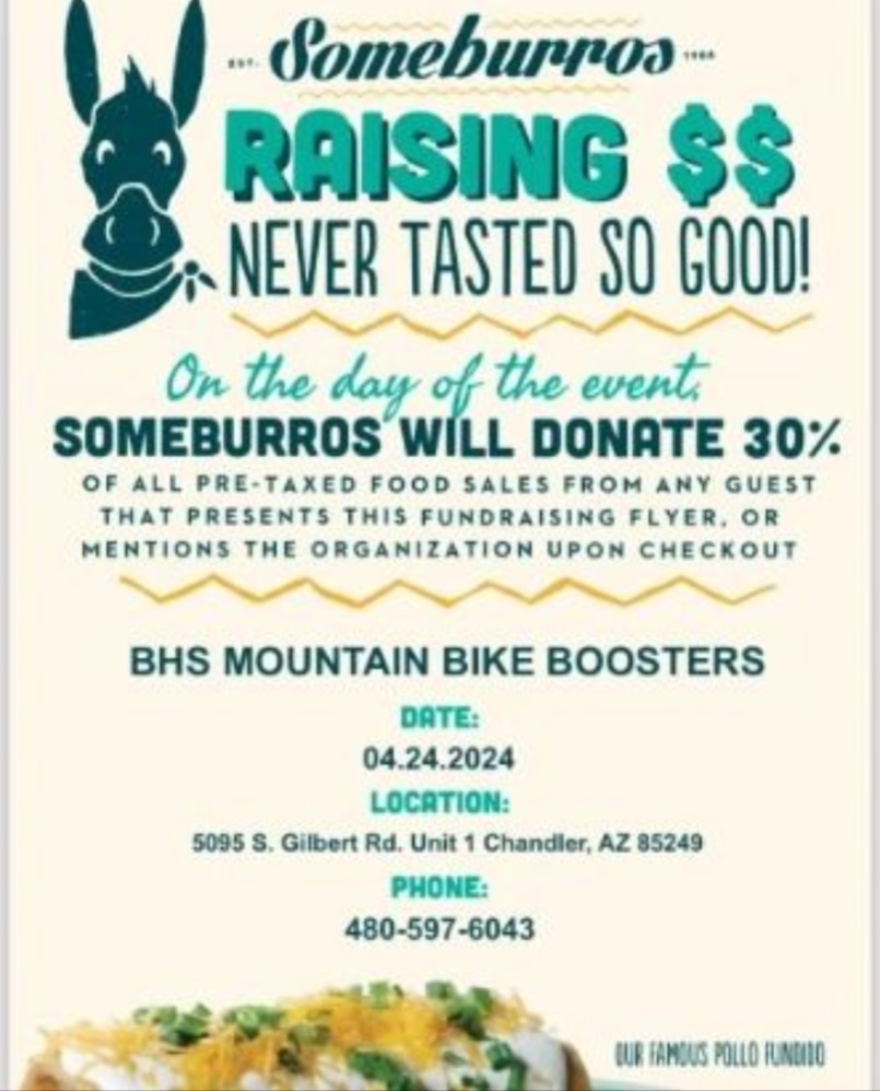 Trying to figure out dinner for Wednesday night? Here's an idea, April 24th, stop by the Somburros at Gilbert and Chandler Heights and help raise money. Mention the fundraiser at checkout. #mtb #morekidsonbikes #BashaMTB #BashaBears #bashabearnation #bashaHS #mountainbike #CUSD