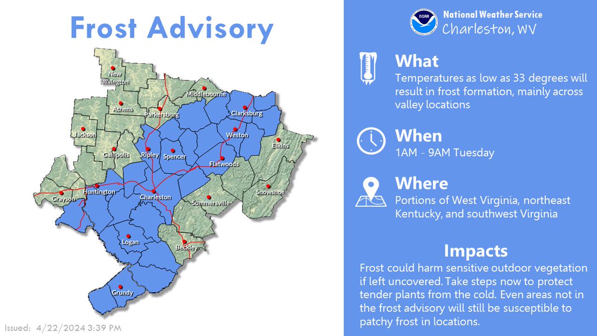 A frost advisory has been issued for the counties in blue below. Patchy frost may still be possible in some outlying spots not in the frost advisory, so take care to protect vulnerable plants. #ohwx #vawx #kywx #wvwx