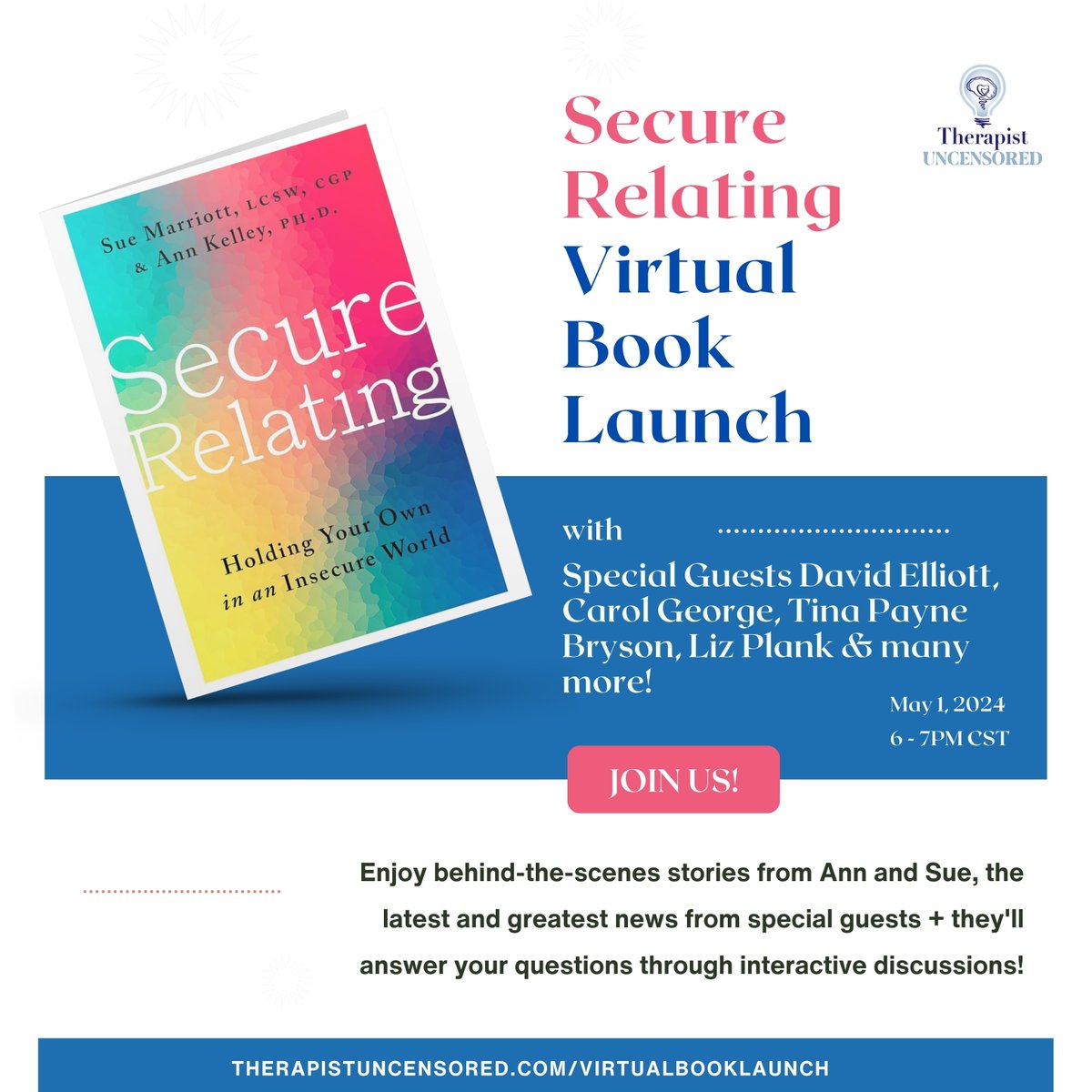 Big thanks to Sue Marriott and Ann Kelley for this fantastic resource!  SECURE RELATING is an incredibly wise and immediately useful book. It empowers readers to improve their relationships with themselves, their partners, and their children.  Learn more:
eventbrite.com/e/secure-relat…