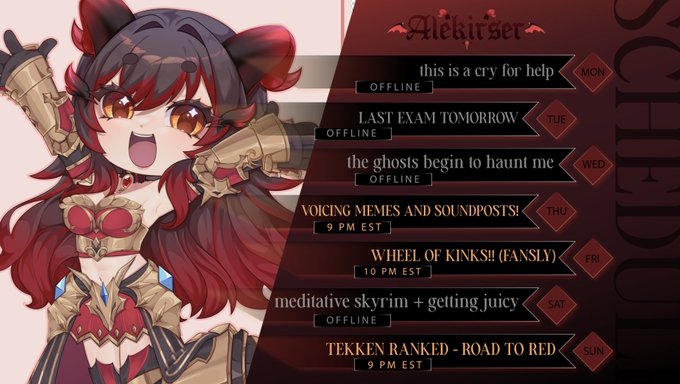 MY SCHEDULE FOR THIS WEEK! (APR 22 - 28)

i really wanted to stream my usual tuesday but i remembered