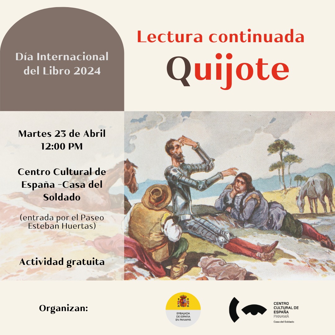 Participa en la lectura continuada de El #Quijote, mañana martes en nuestro centro cultural 🇪🇦 @ccecasasoldado 
📚 Abierto al público de 12-2pm
📚 Cupos limitados
#DíaDelLibro #SemanaCervantina 
#PremioCervantes #23Abril