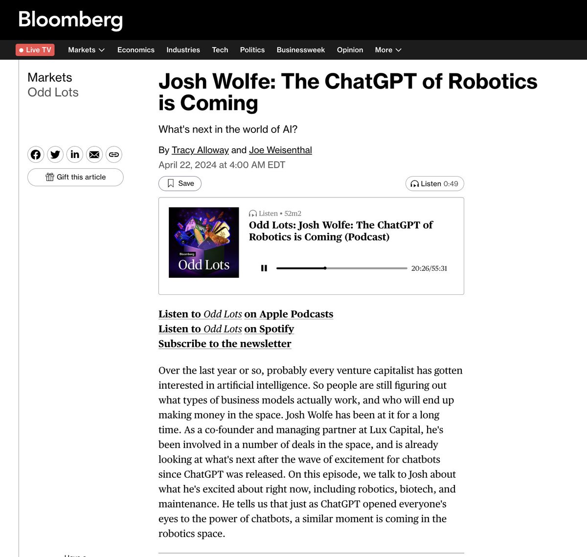 🤖 'ChatGPT of Robotics is coming' New with me on Bloomberg 'Odd Lots' riffing with the funny + brilliant must-listen duo @tracyalloway + @TheStalwart Spotify: open.spotify.com/show/1te7oSFyR… Apple: podcasts.apple.com/us/podcast/odd…