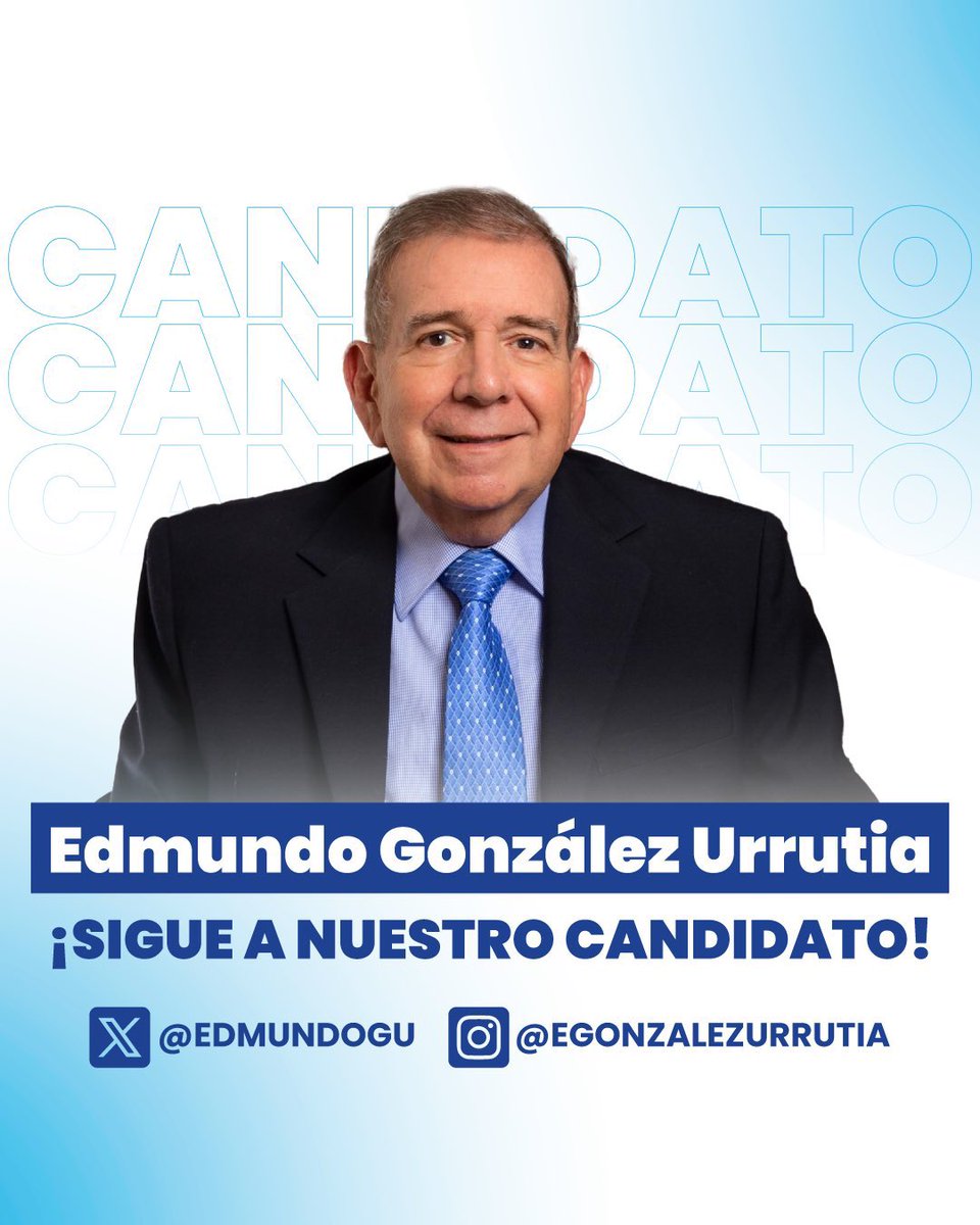 VoluntadPopular's tweet image. ¿Ya sigues a nuestro candidato presidencial Edmundo González (@EdmundoGU)? 🤔

Estas son sus únicas redes sociales. 📲. ¡No te dejes confundir por los bots del régimen! 

#EdmundoPaTodoElMundo. 🇻🇪.
